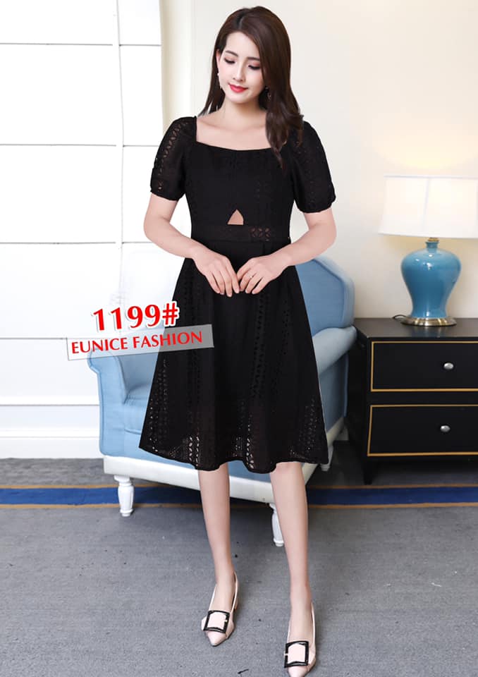 Lace Dress Puffed Sleeves A-line, Short Sleeves, Midi Dress