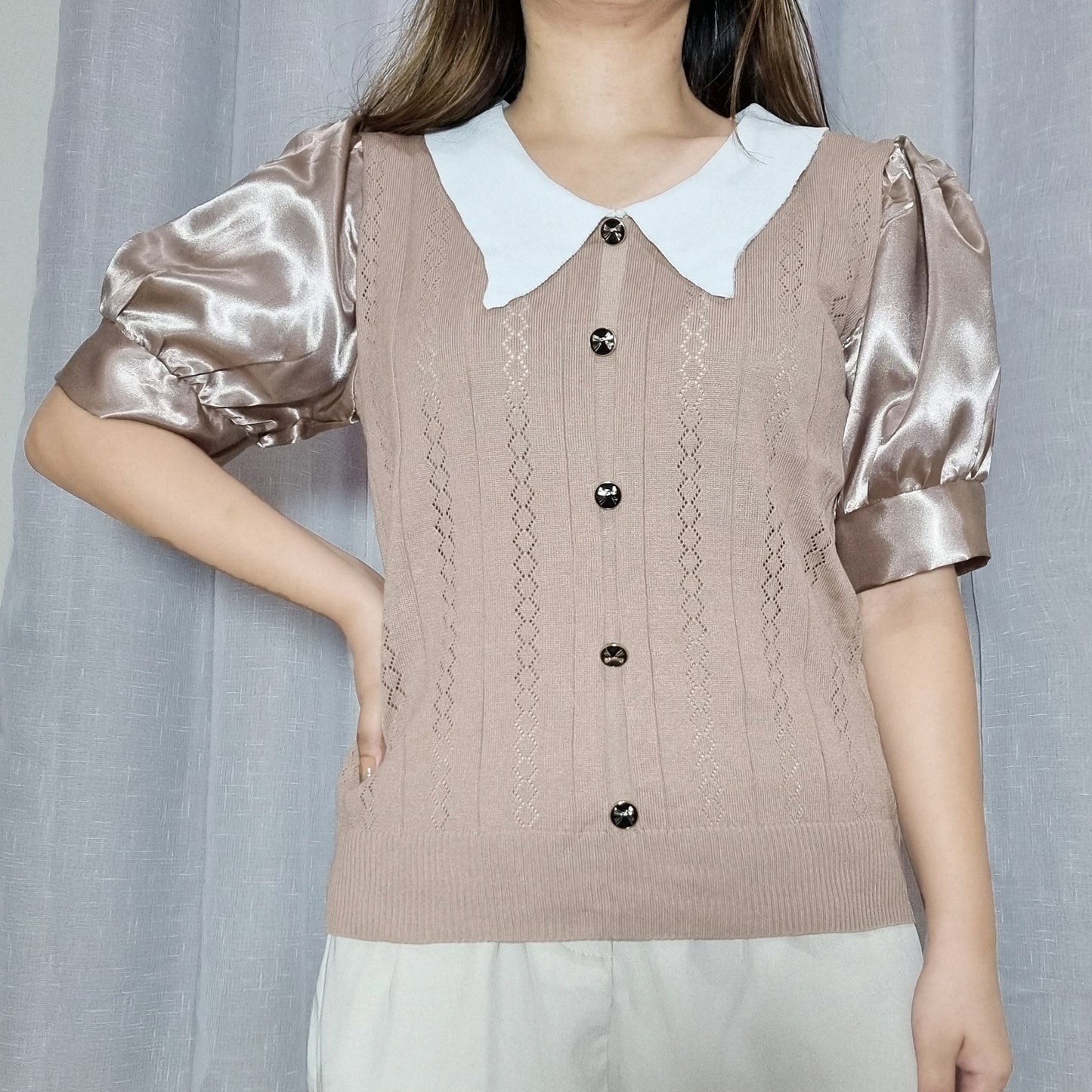 Esther Collared Stretchy Top - Silky Puffed Sleeves  Blouse